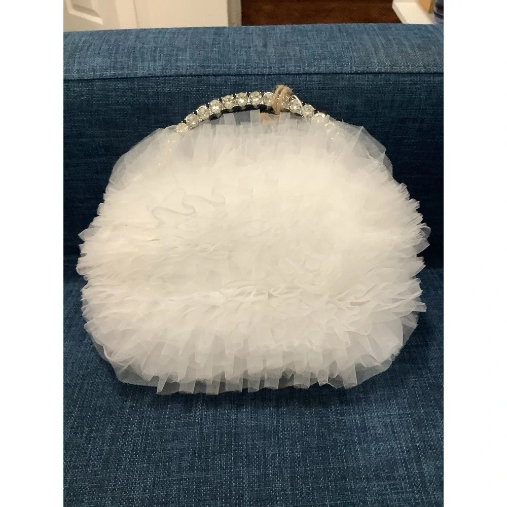 Badgley Mischka Jewel Jazzie Layered Tulle Pouch Clutch White Ruffled Handbag